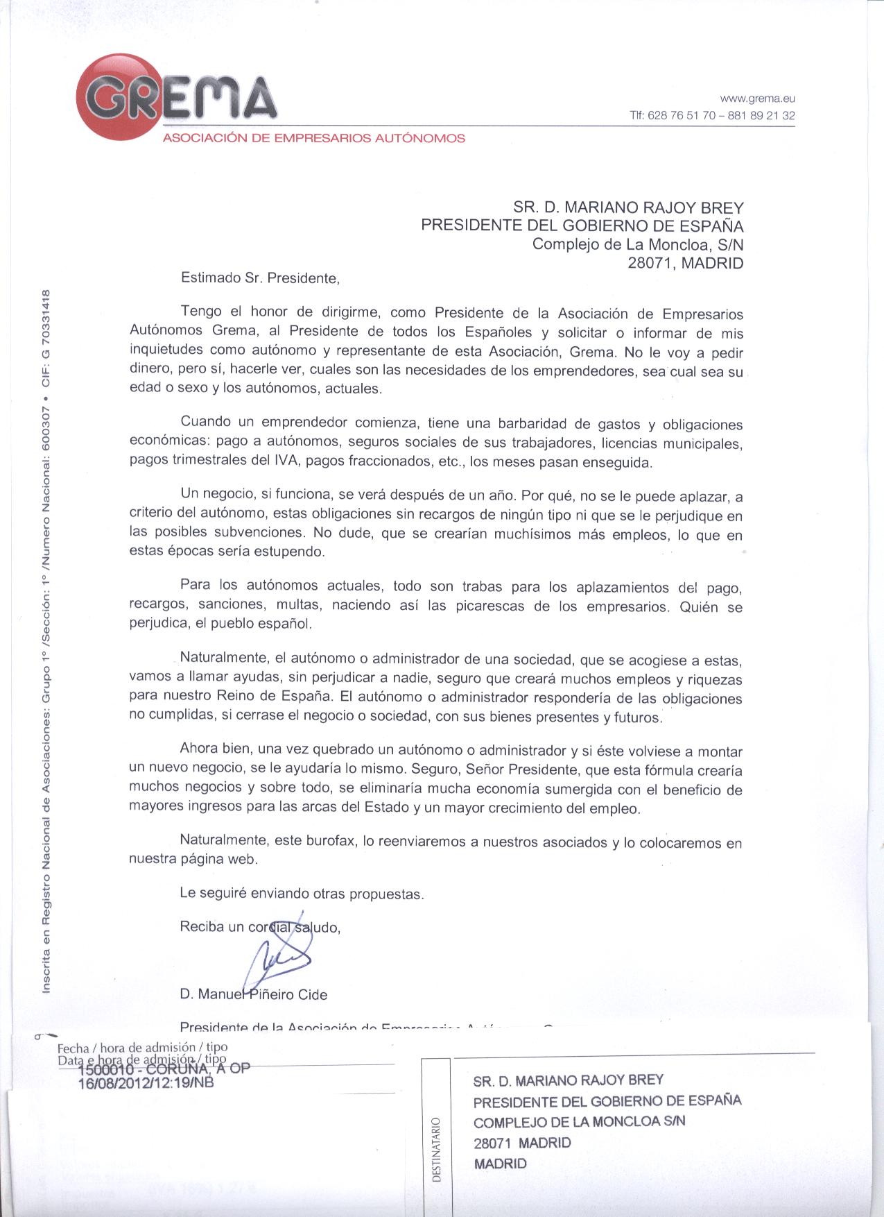 Carta al Presidente del Gobierno